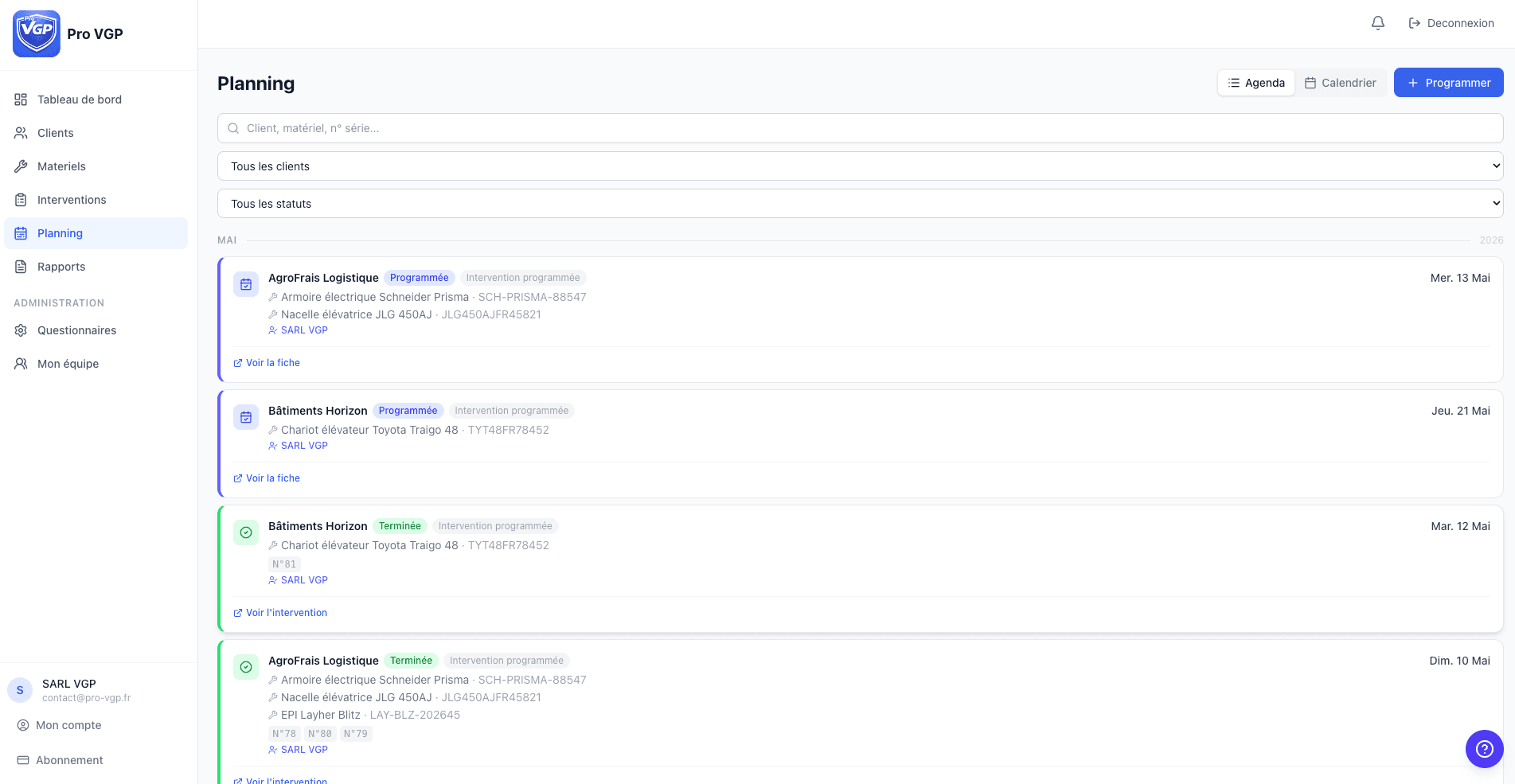 Planning VGP vue agenda